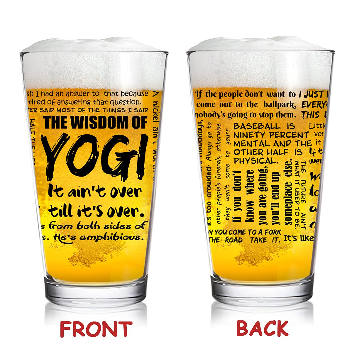 Close-up of DU VINO Yogi Berra quote glass ideal for game day drinks