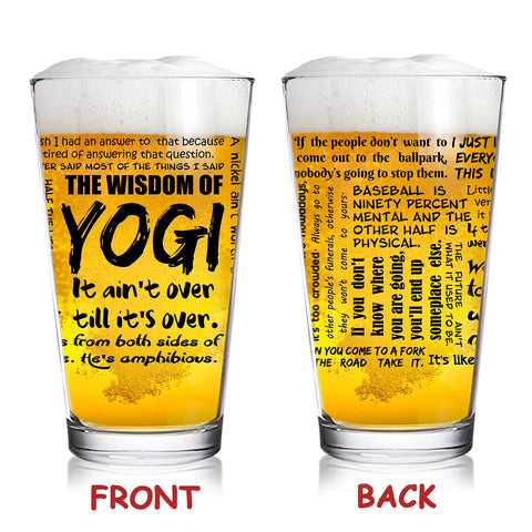 Close-up of DU VINO Yogi Berra quote glass ideal for game day drinks