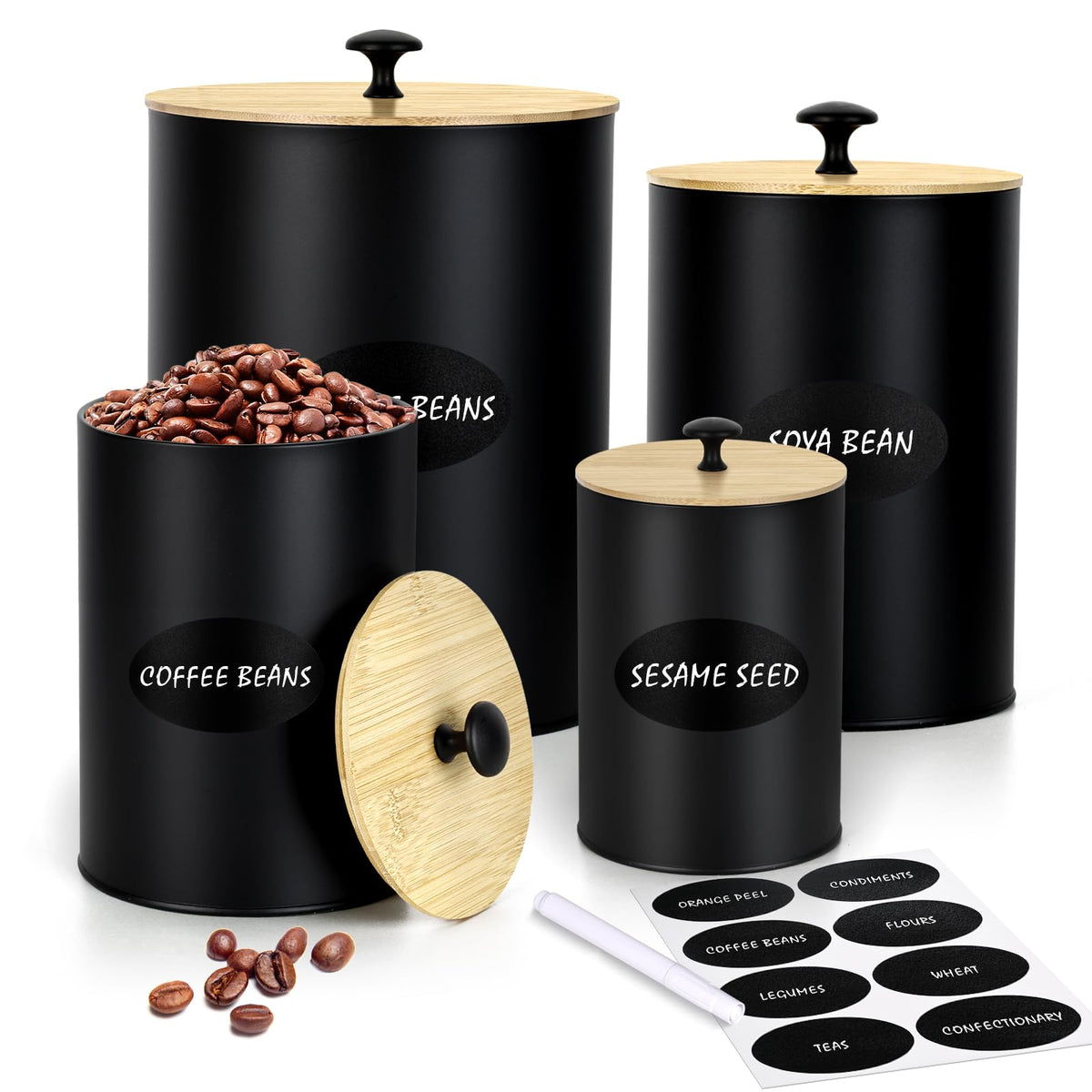 Dualshine round black canisters front view for organized countertop storage