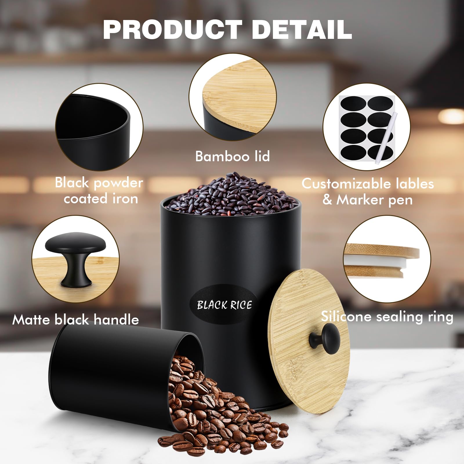 Dualshine canisters with chalkboard labels on countertop for quick content identification