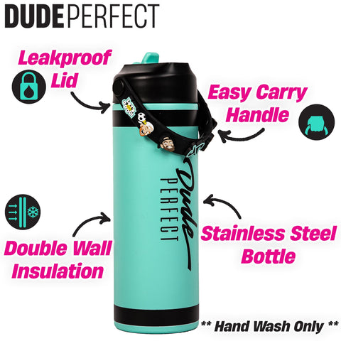 Dude Perfect bottle with soft carry strap for easy transport