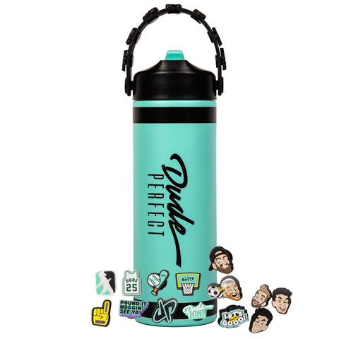 Dude Perfect teal 24 oz bottle, front view, for all-day cooling on the go