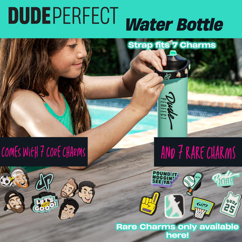 Dude Perfect teal bottle lid close-up showing leak-proof flex straw