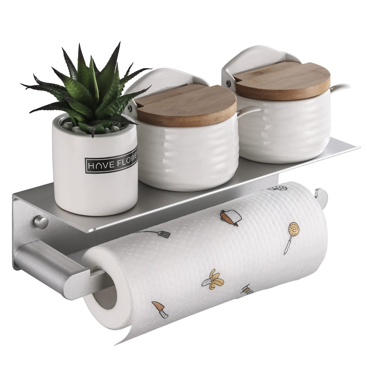 DUFU paper towel holder with shelf in kitchen keeping towels within reach