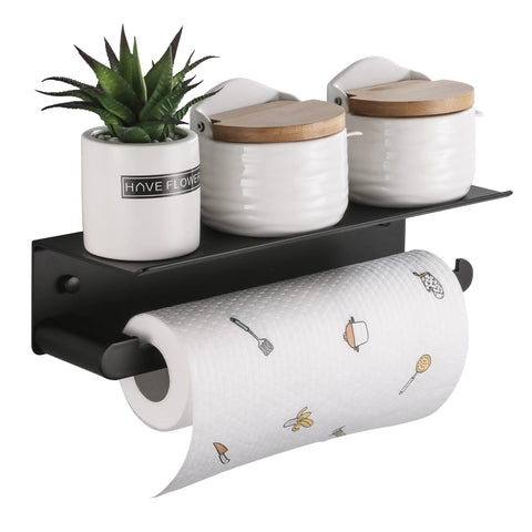 DUFU wall-mounted paper towel holder in matt black keeps towels within easy reach.