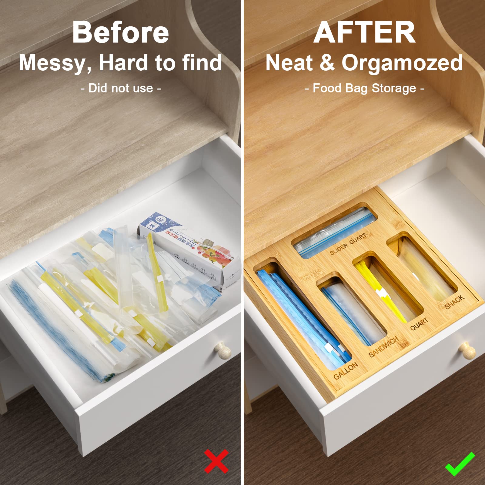 DUJEN 5-slot drawer organizer keeps bags organized and accessible.