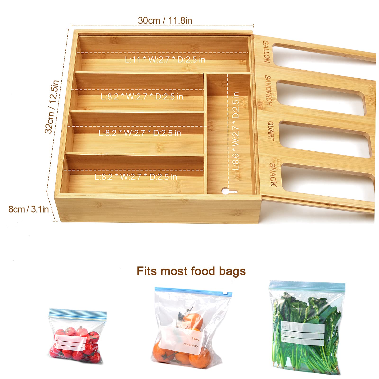 DUJEN bamboo storage box fits gallon and sandwich bags neatly.