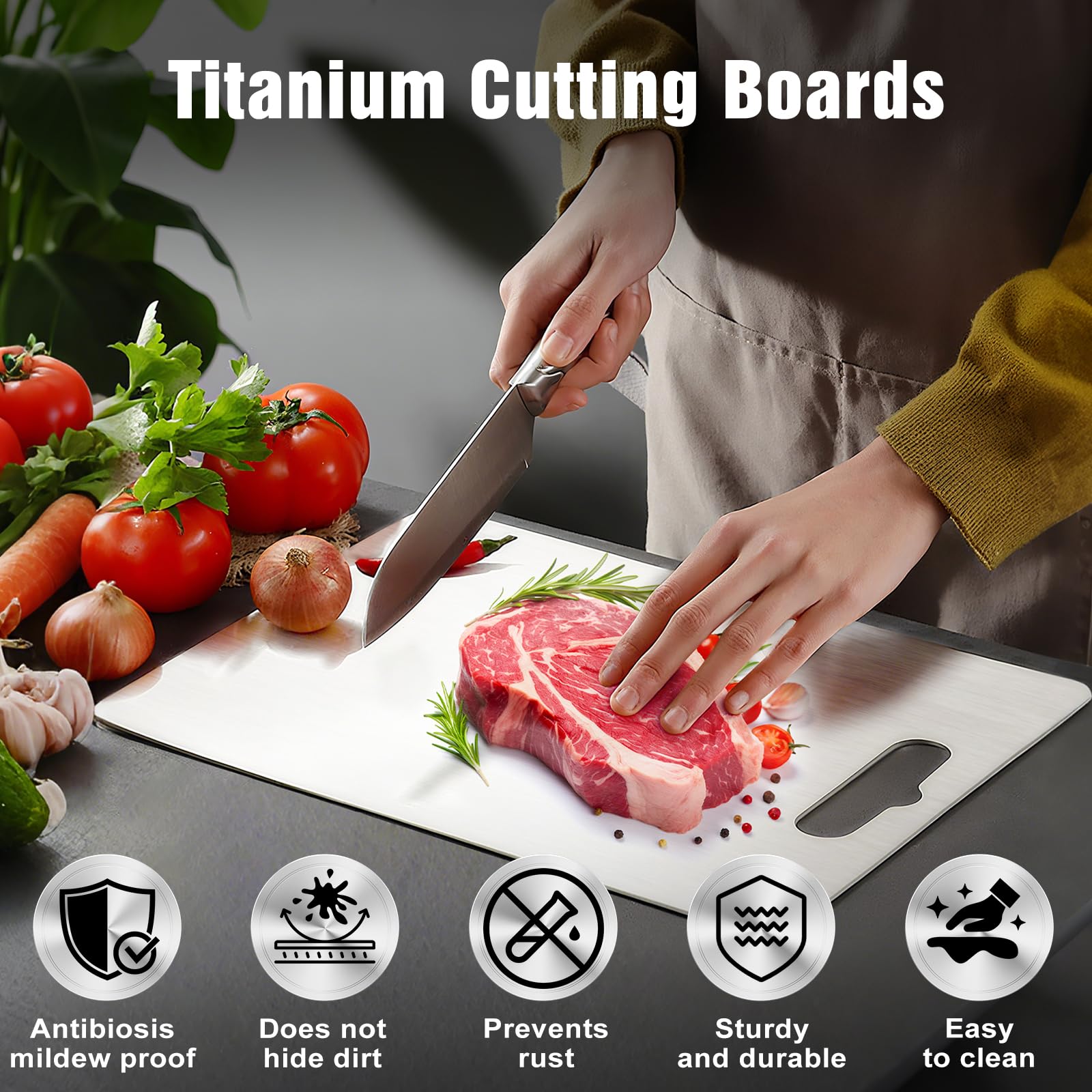 Dujoju titanium cutting board double-sided design for versatile meat and veg prep.