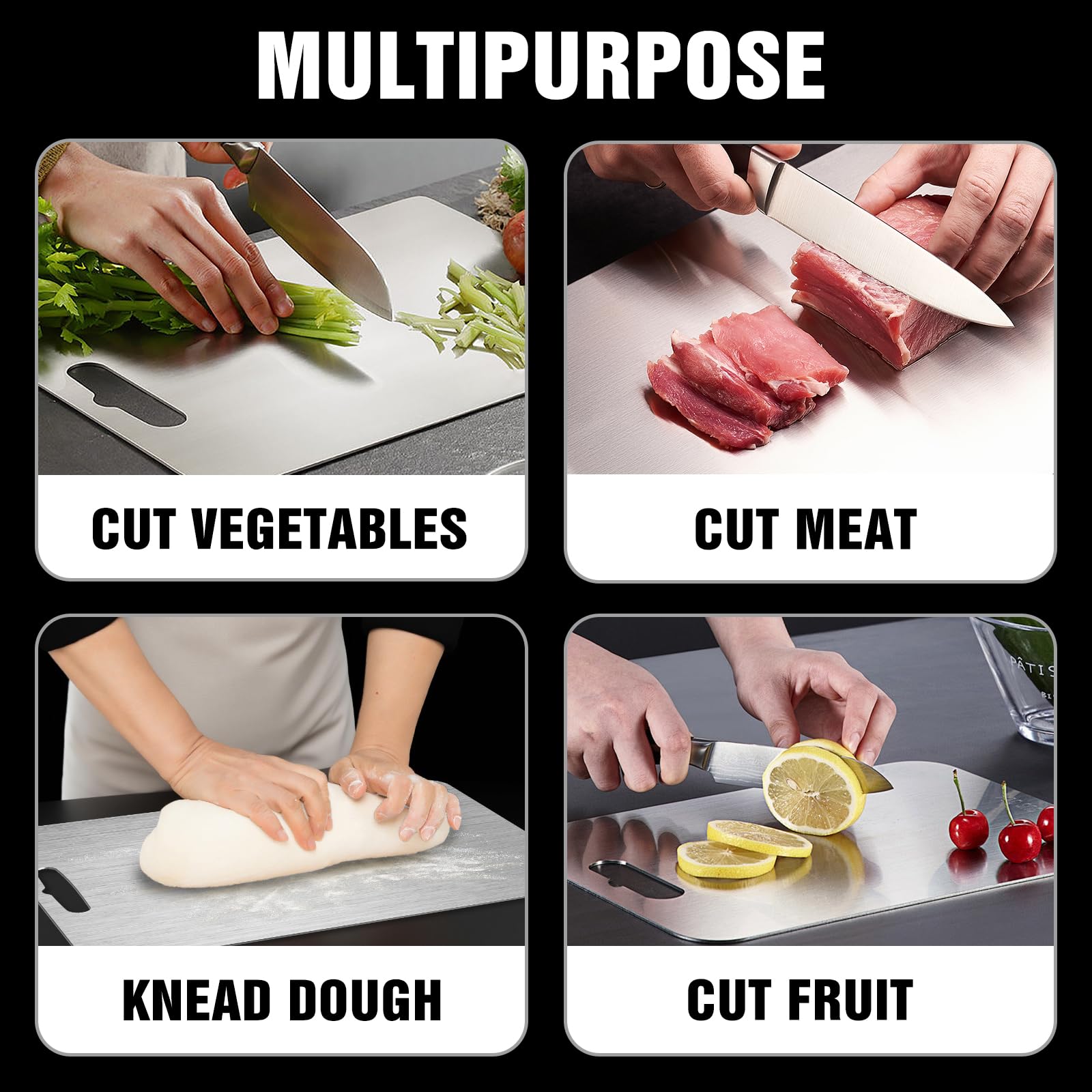 Dujoju titanium cutting board for fruits and vegetables with smooth surface.