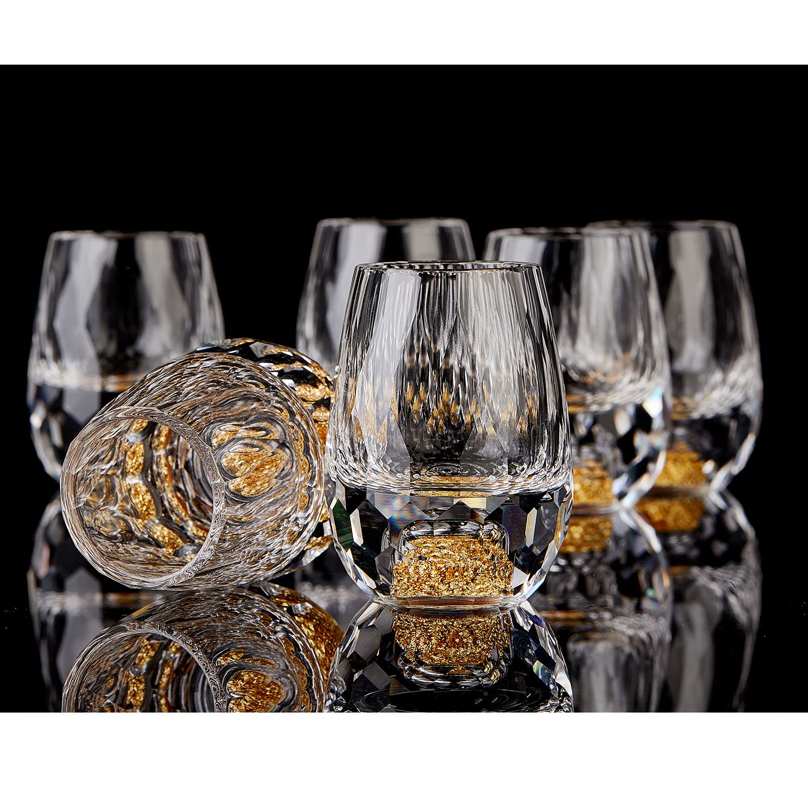 DUJUST Diamond Shot Glasses show off diamond facets with 24K gold leaf for elegant entertaining.
