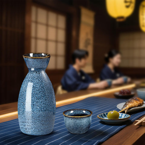 DUJUST sake cups in blue glaze with ergonomic comfort and charm