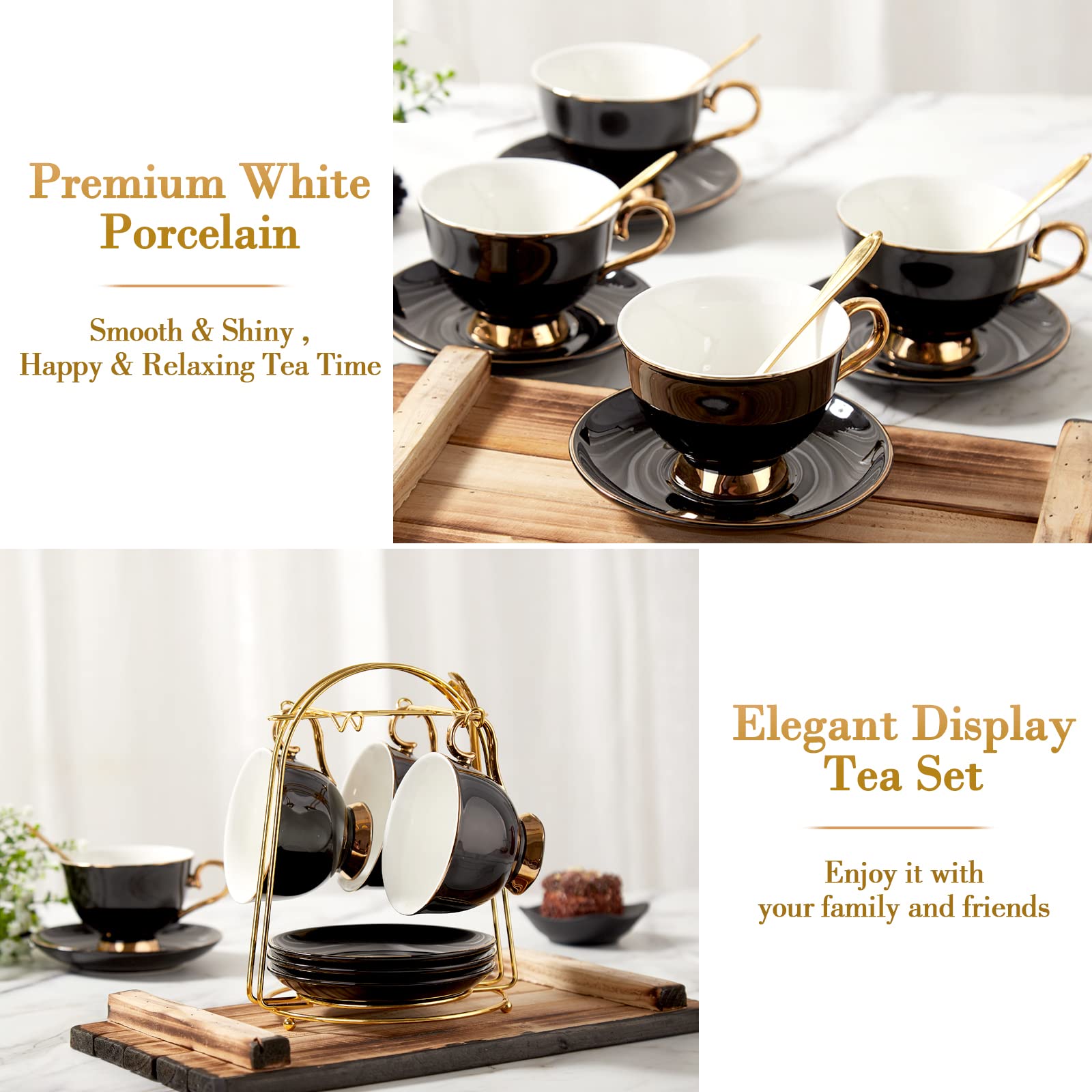 DUJUST metal stand showcases the tea cups as an eye-catching centerpiece.