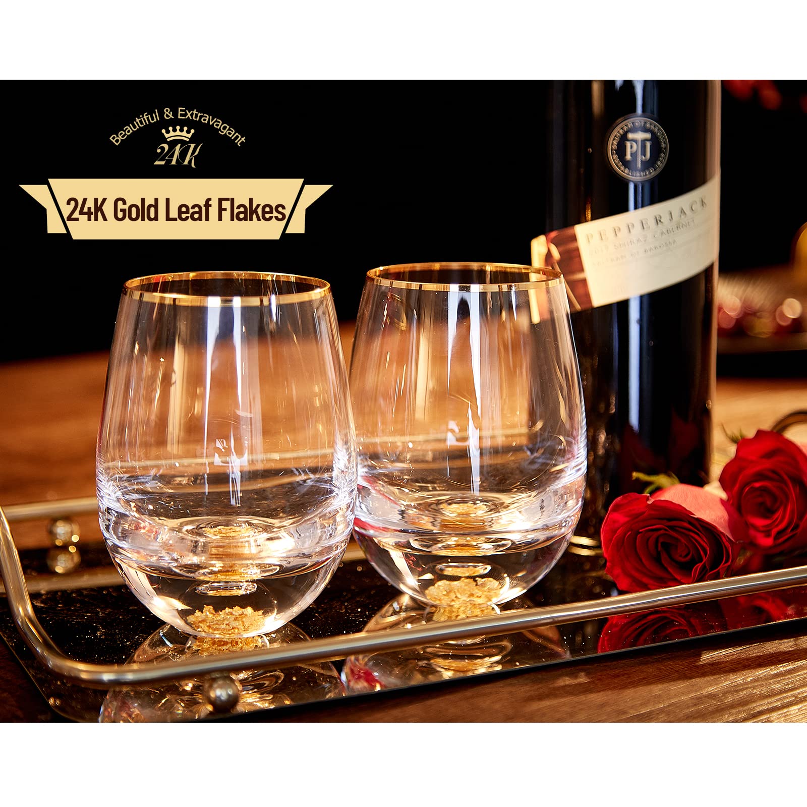 DUJUST stemless wine glasses with gold leaf bottom add dramatic shimmer.