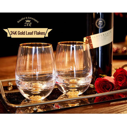 DUJUST stemless wine glasses with gold leaf bottom add dramatic shimmer.
