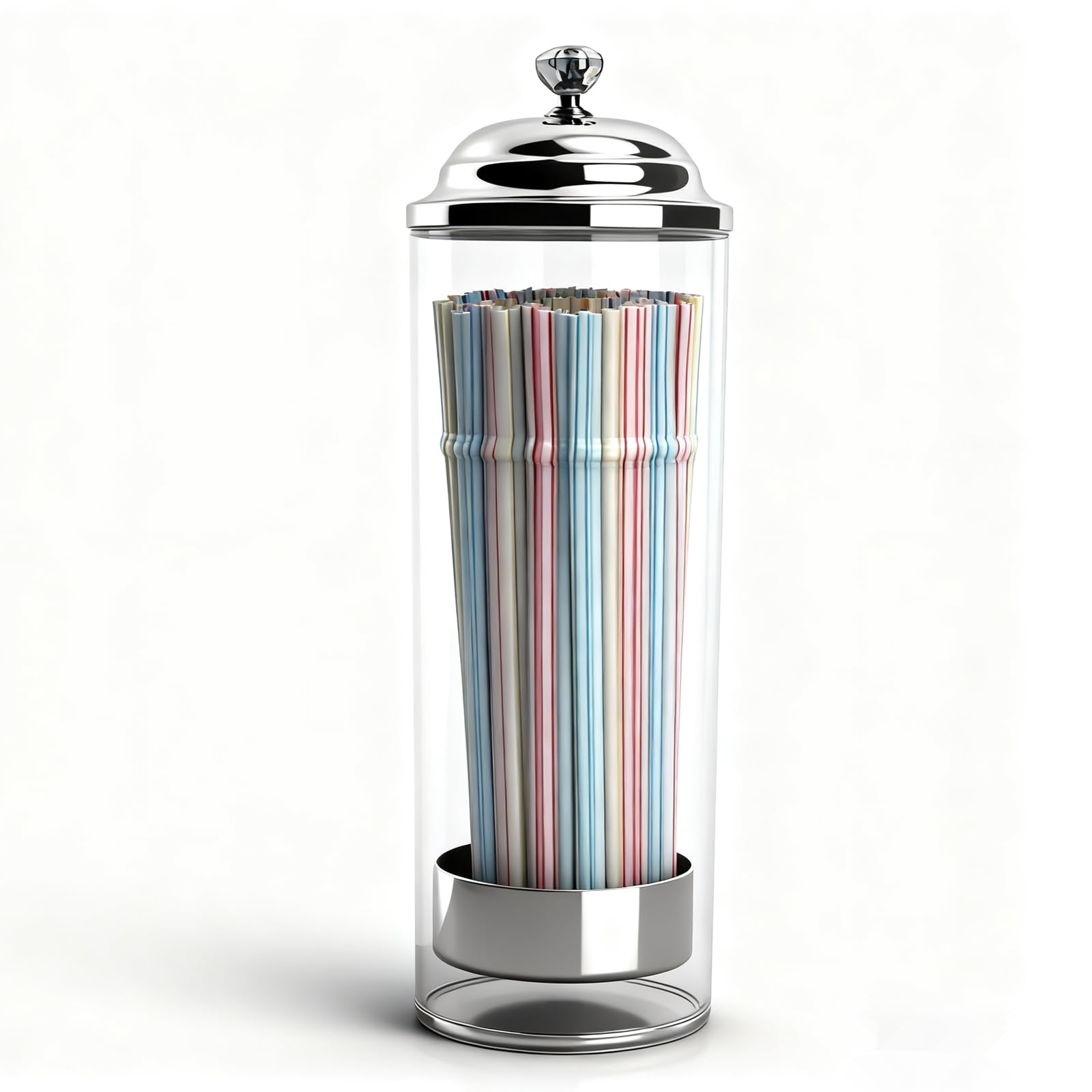 Dukars glass straw dispenser with chrome lid on a tidy counter for easy access.