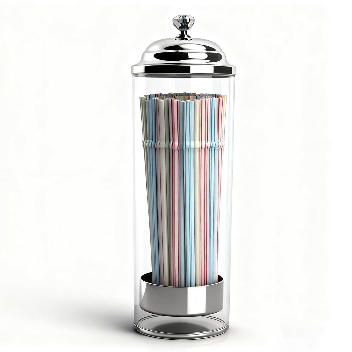 Dukars glass straw dispenser with chrome lid on a tidy counter for easy access.