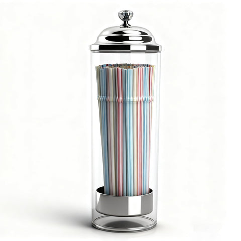 Dukars glass straw dispenser with chrome lid on a tidy counter for easy access.