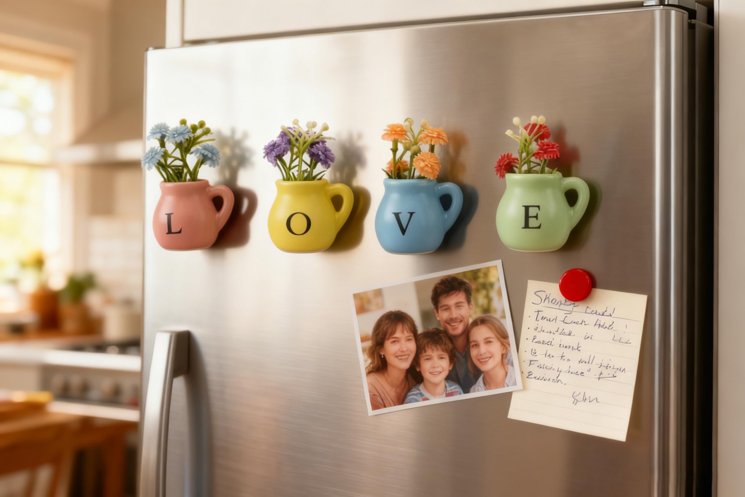 DUNGGLE green E vase magnet on metal surface offers a fresh decor touch.