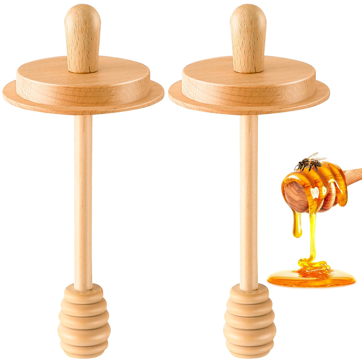 Dunkive wooden honey dipper lid on a regular-mouth 16 oz mason jar for mess-free drizzle.