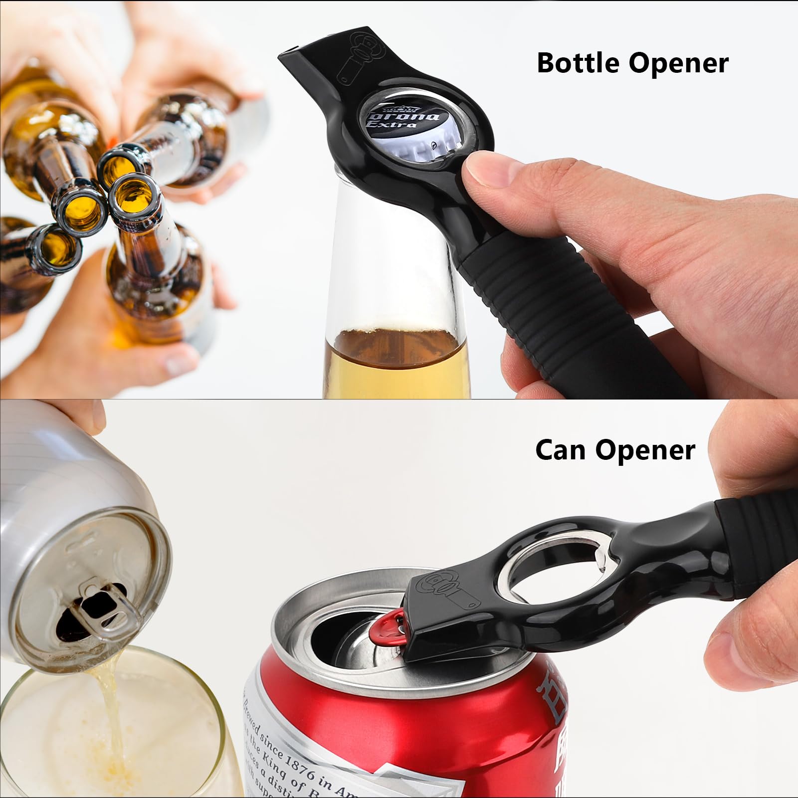 Ergonomic silicone handle on the DUNLAGUE opener provides a secure grip.