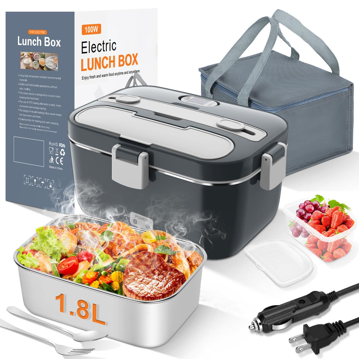 DUPASU Electric lunch box with steam rising from the 1.8L container, ready-to-eat warm meal.