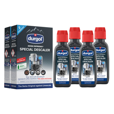Durgol Swiss Espresso descaler bottle and label showing professional-grade formula.