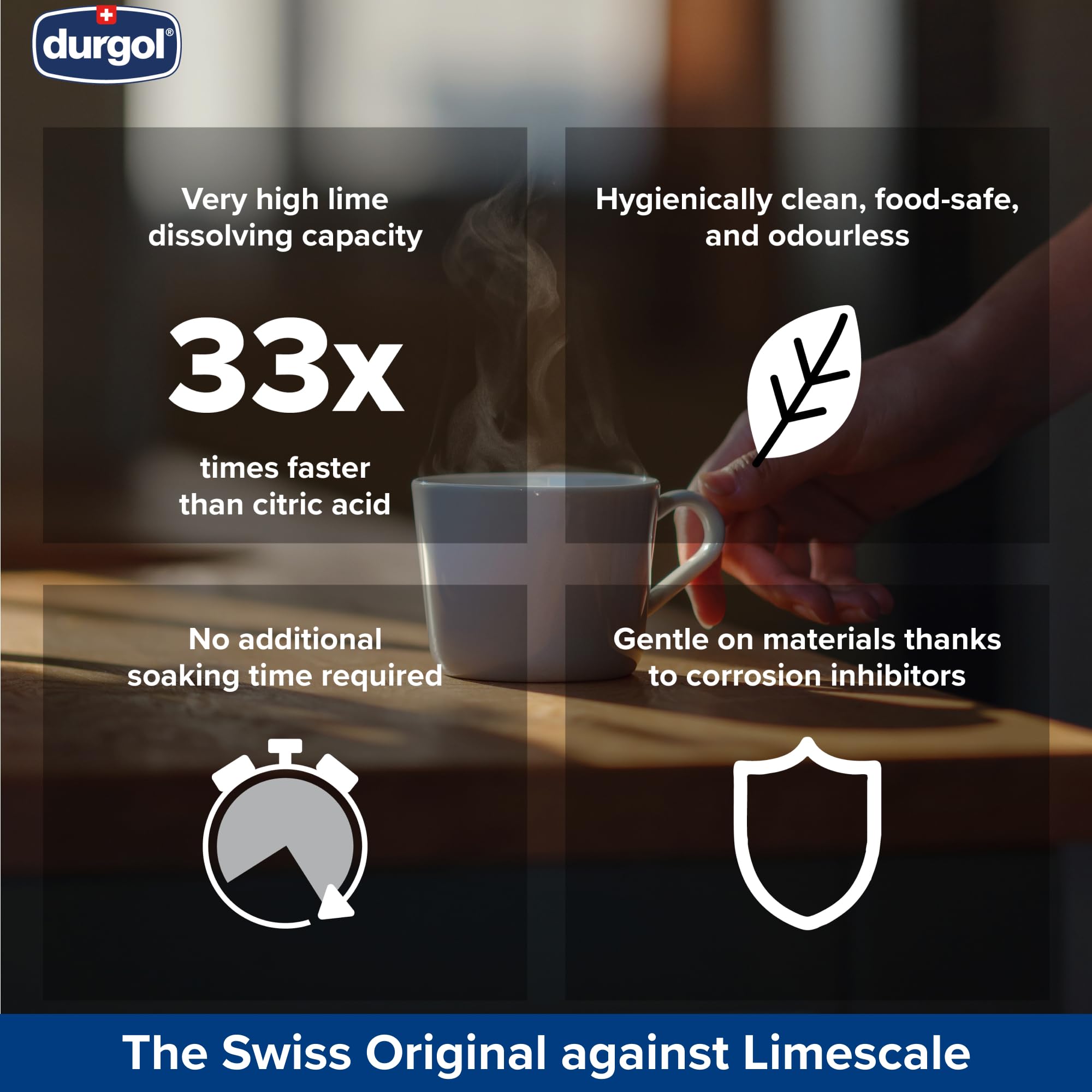 Durgol Swiss Espresso descaler shown beside compatible brands to indicate universal use.