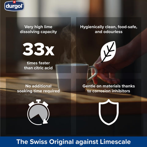 Durgol Swiss Espresso descaler shown beside compatible brands to indicate universal use.