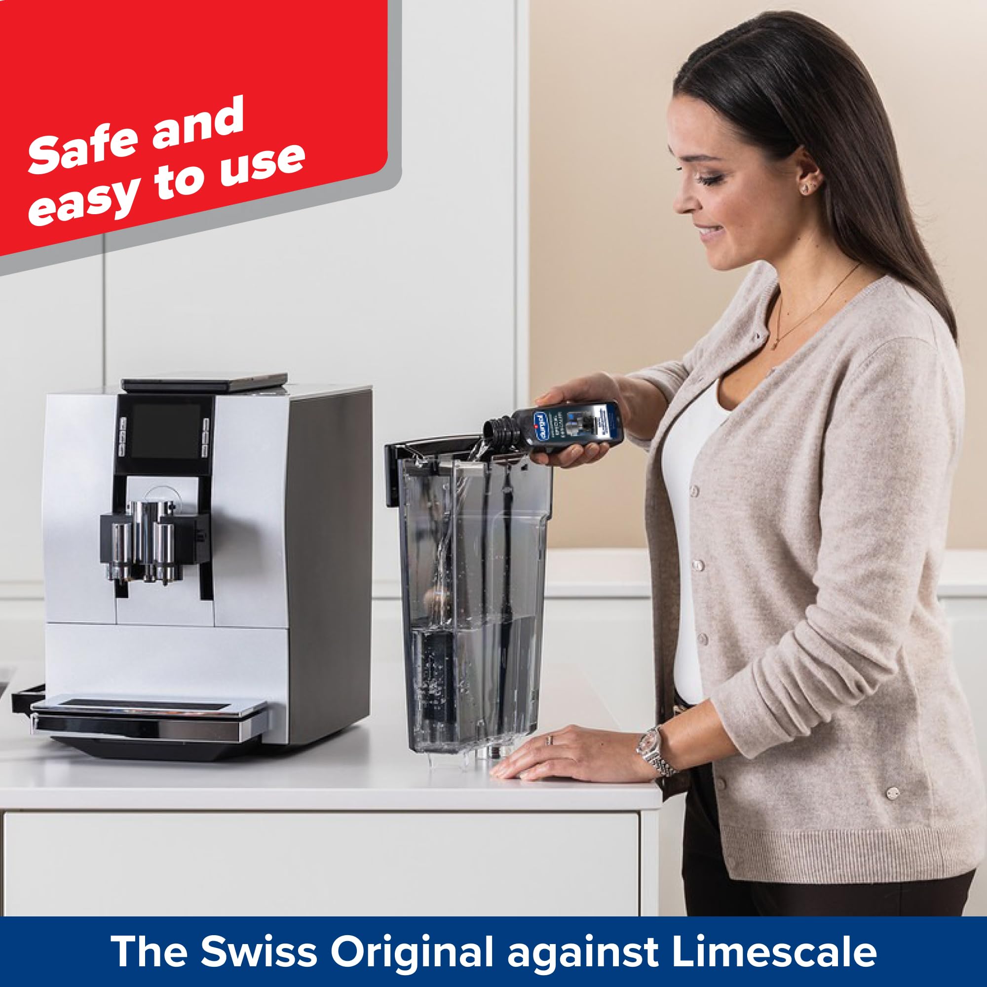 Durgol Swiss Espresso descaler bottle noting it is made in Switzerland and trusted quality.