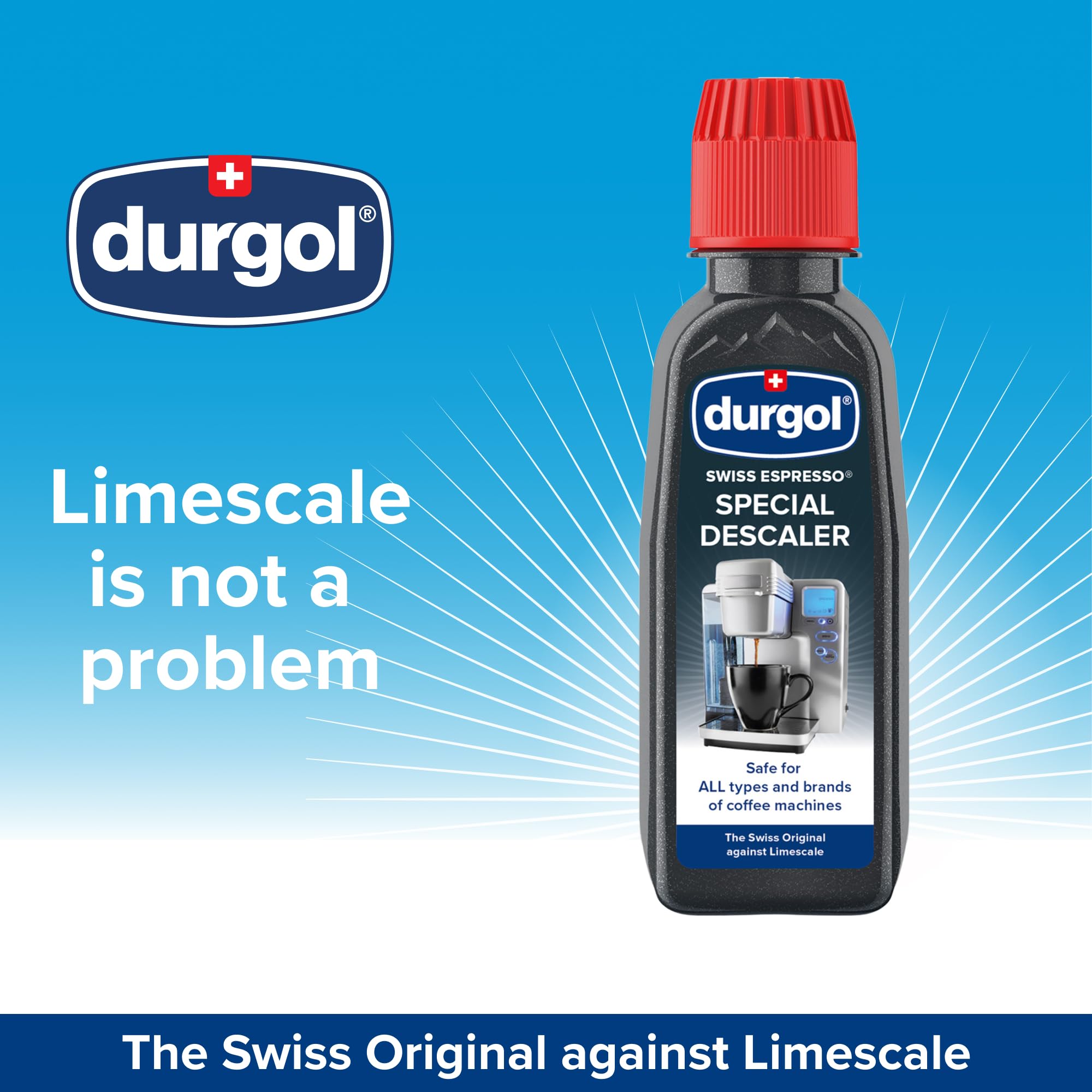 Durgol Swiss Espresso descaler poured into a coffee maker's water tank for descaling.