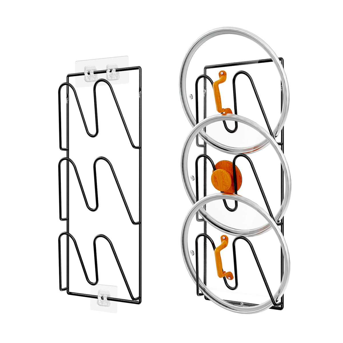 Durmmur lidrack 6-tier front view demonstrates space-saving lid storage.