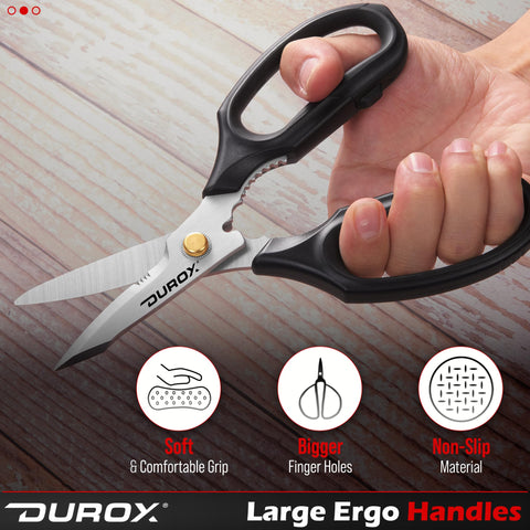 DuroX heavy duty scissors cutting cardboard for clean, efficient results