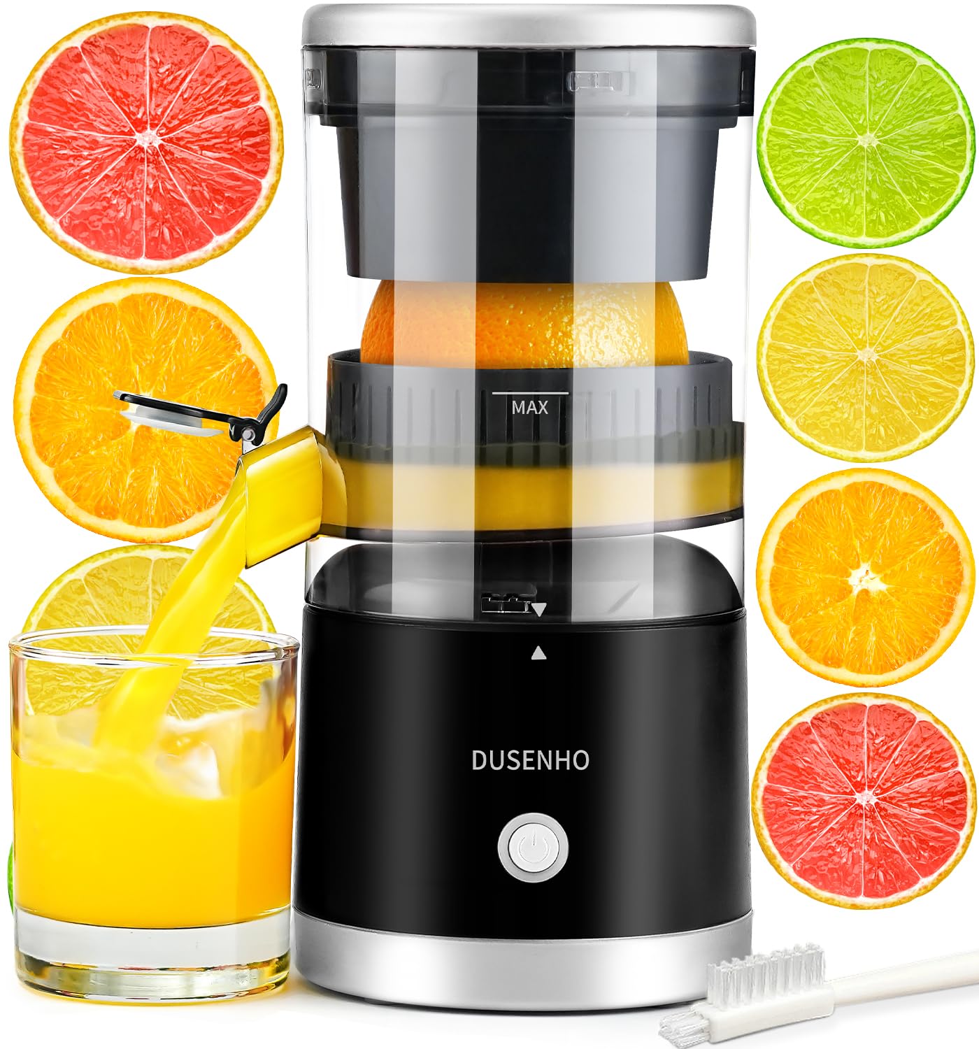 Dusenho electric citrus juicer rechargeable compact design for quick, mess-free citrus squeezing.