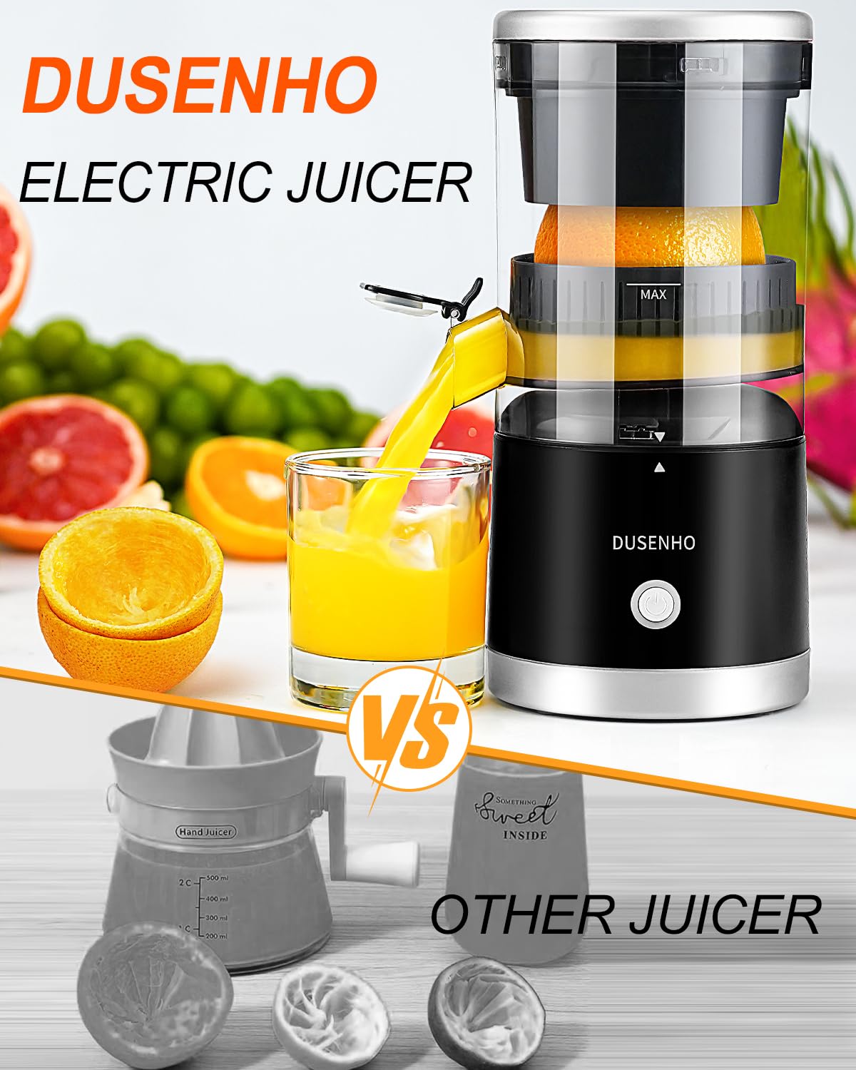 Dusenho portable compact juicer in use on a kitchen counter for convenience.