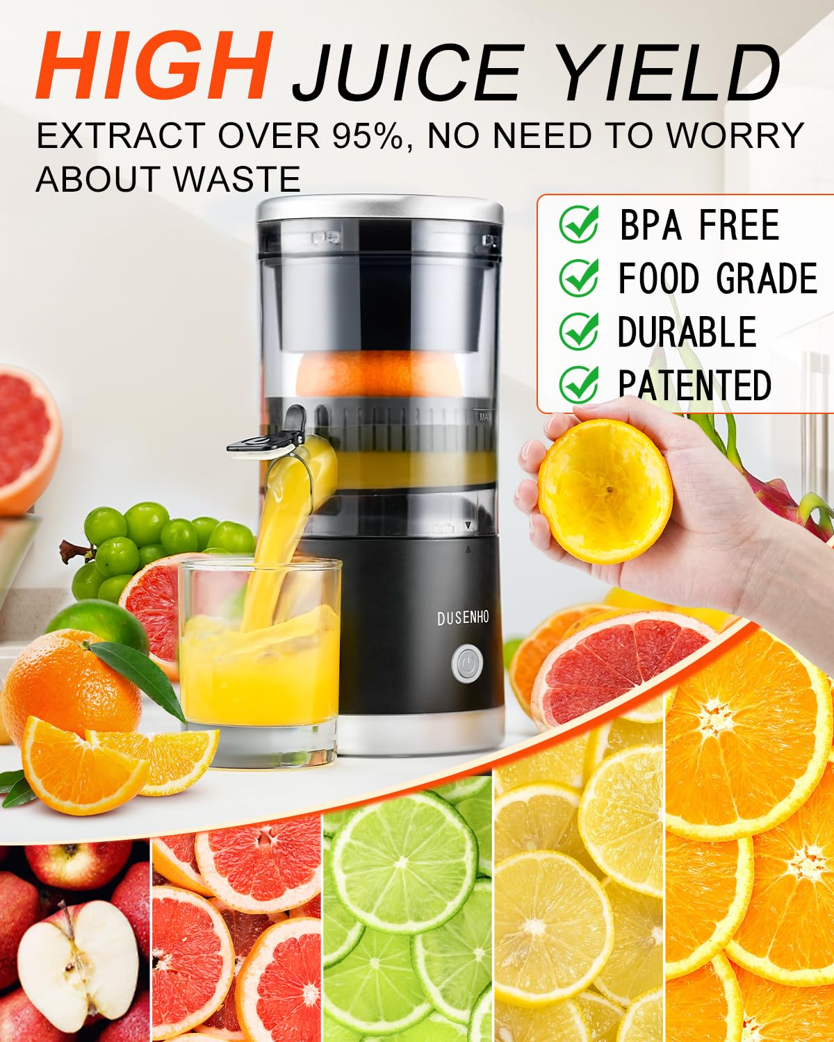 Dusenho electric citrus juicer rechargeable USB charging port enables cordless use.
