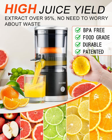 Dusenho electric citrus juicer rechargeable USB charging port enables cordless use.