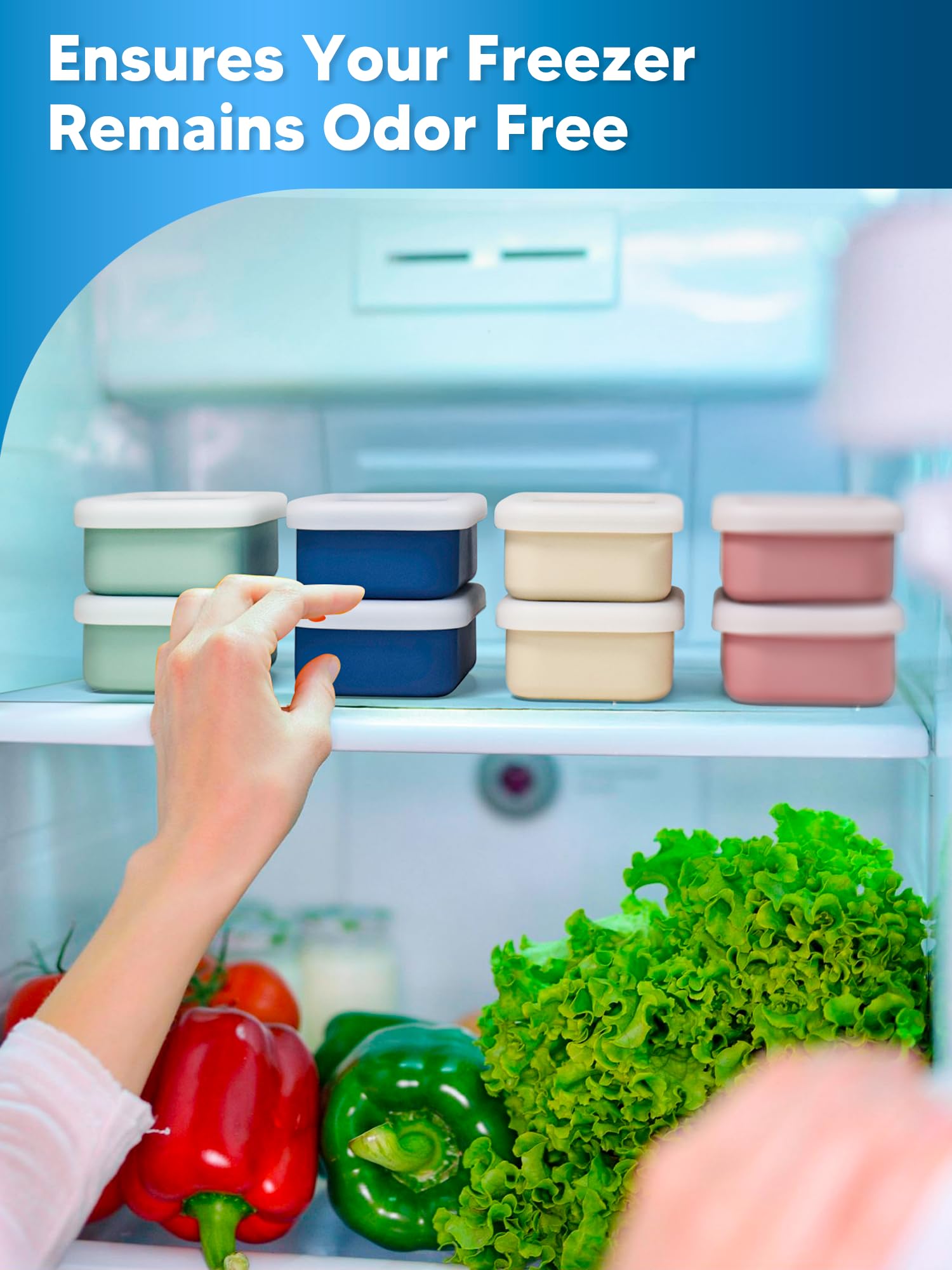 Duseu colorful sets with white lids help organize freezer storage.