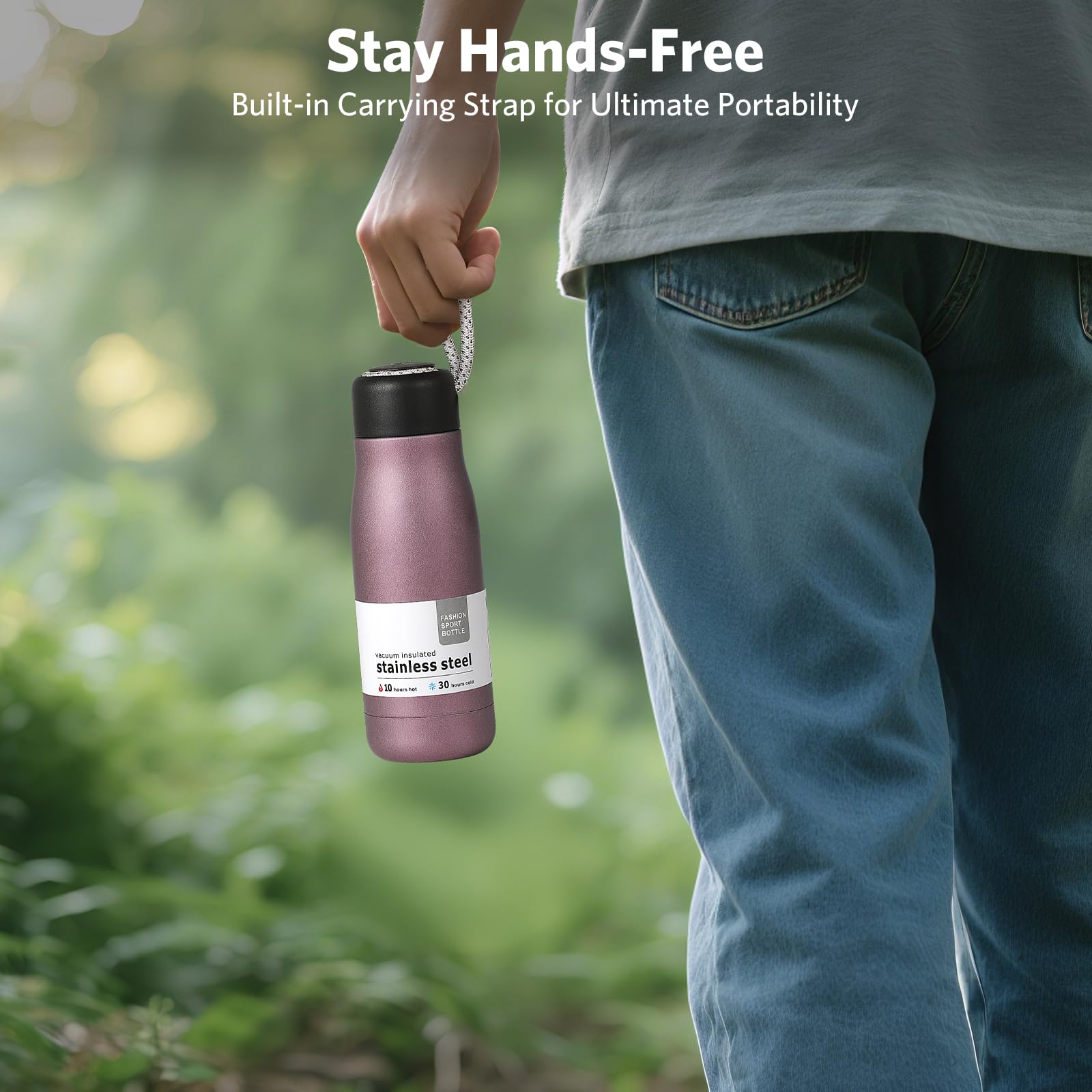 Dusgut mini water bottle 12oz in-use in a purse demonstrates on-the-go convenience.