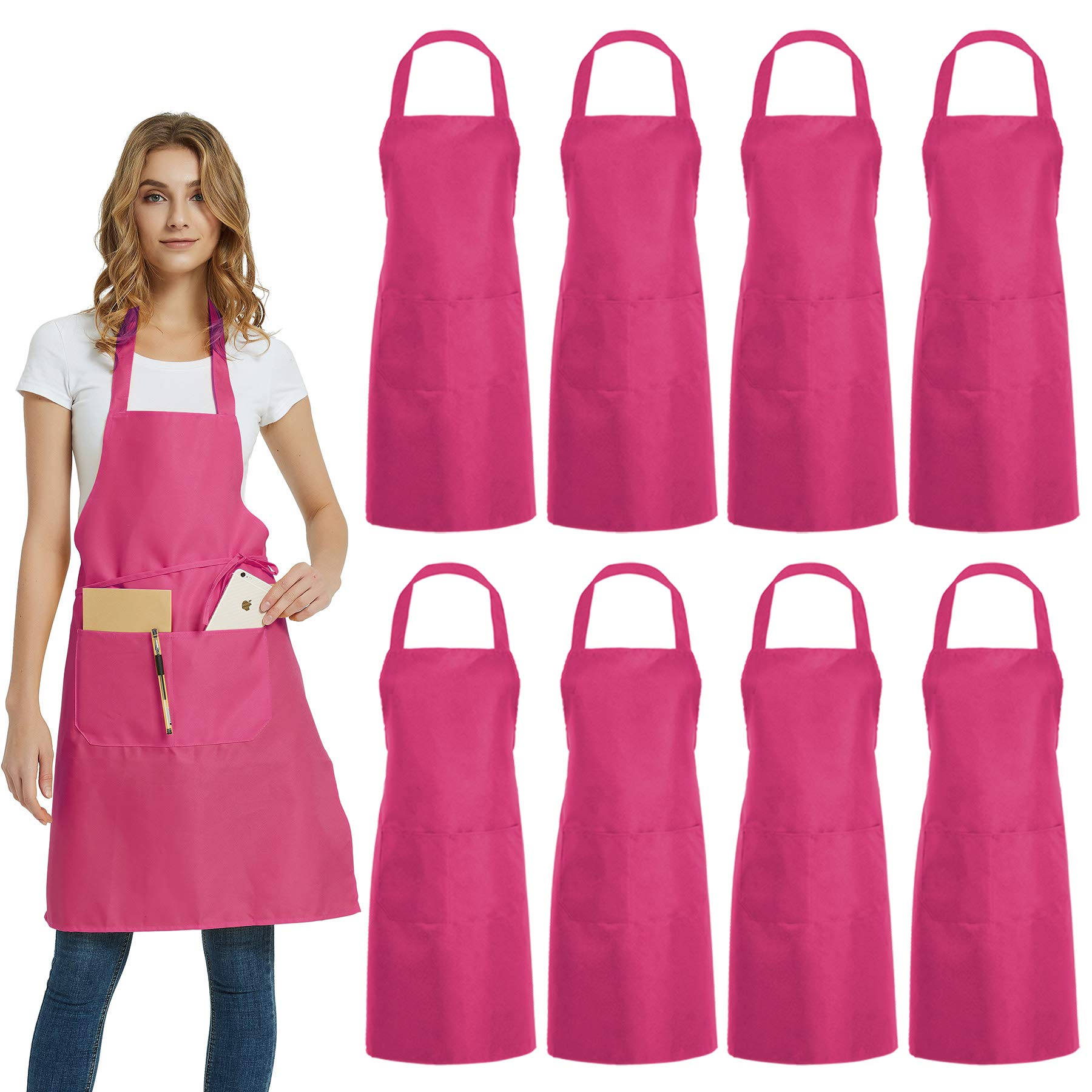 DUSKCOVE 8-pack pink bib aprons front view, durable and easy-care.