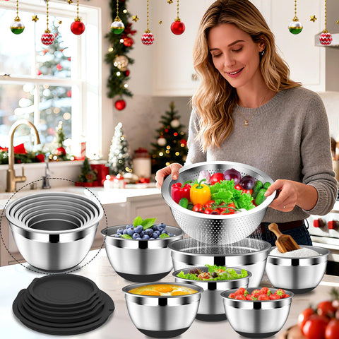 DUTZUN colander nests inside bowls for safe rinsing and draining.