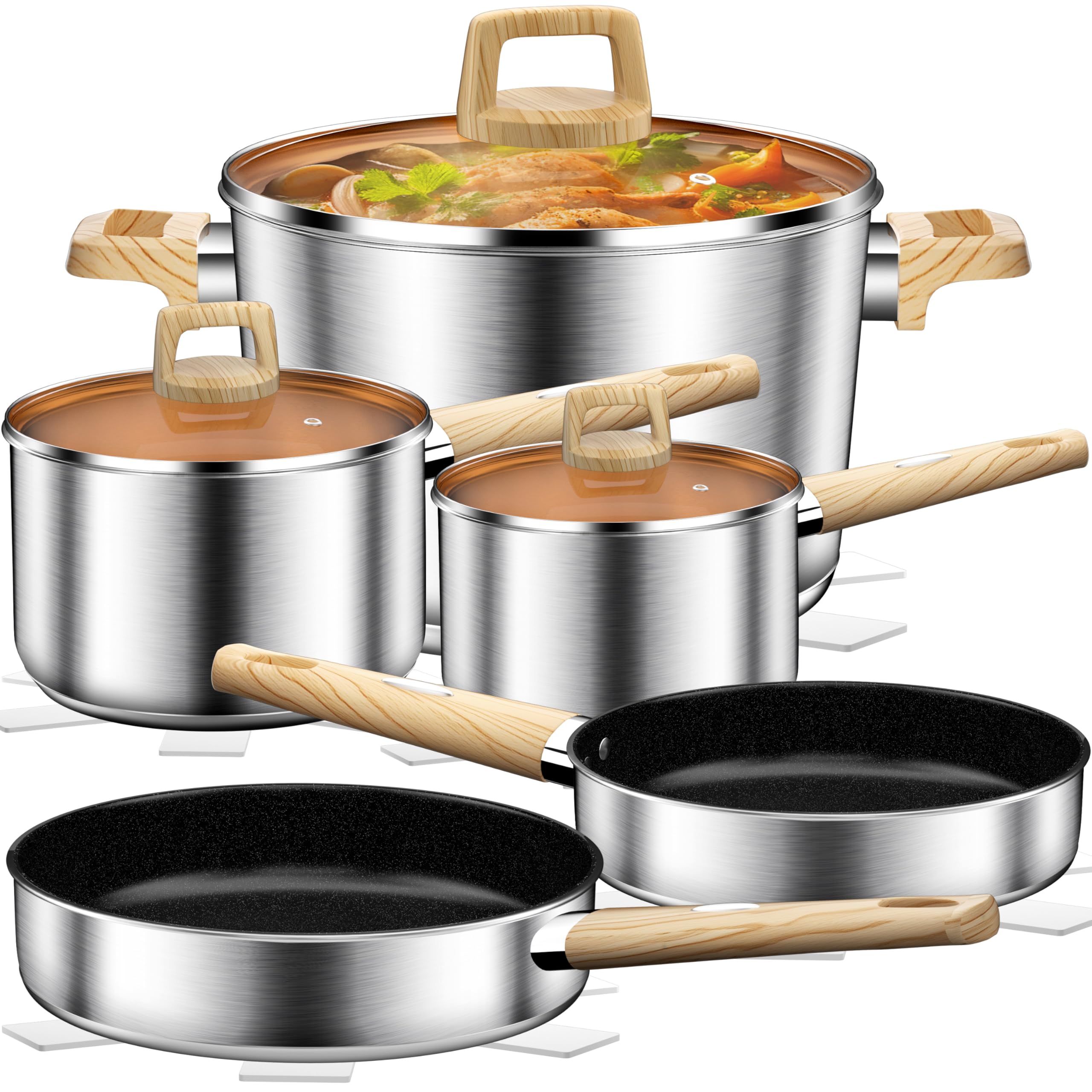DUTZUN 13-piece stainless steel cookware set with glass lids for easy monitoring of meals