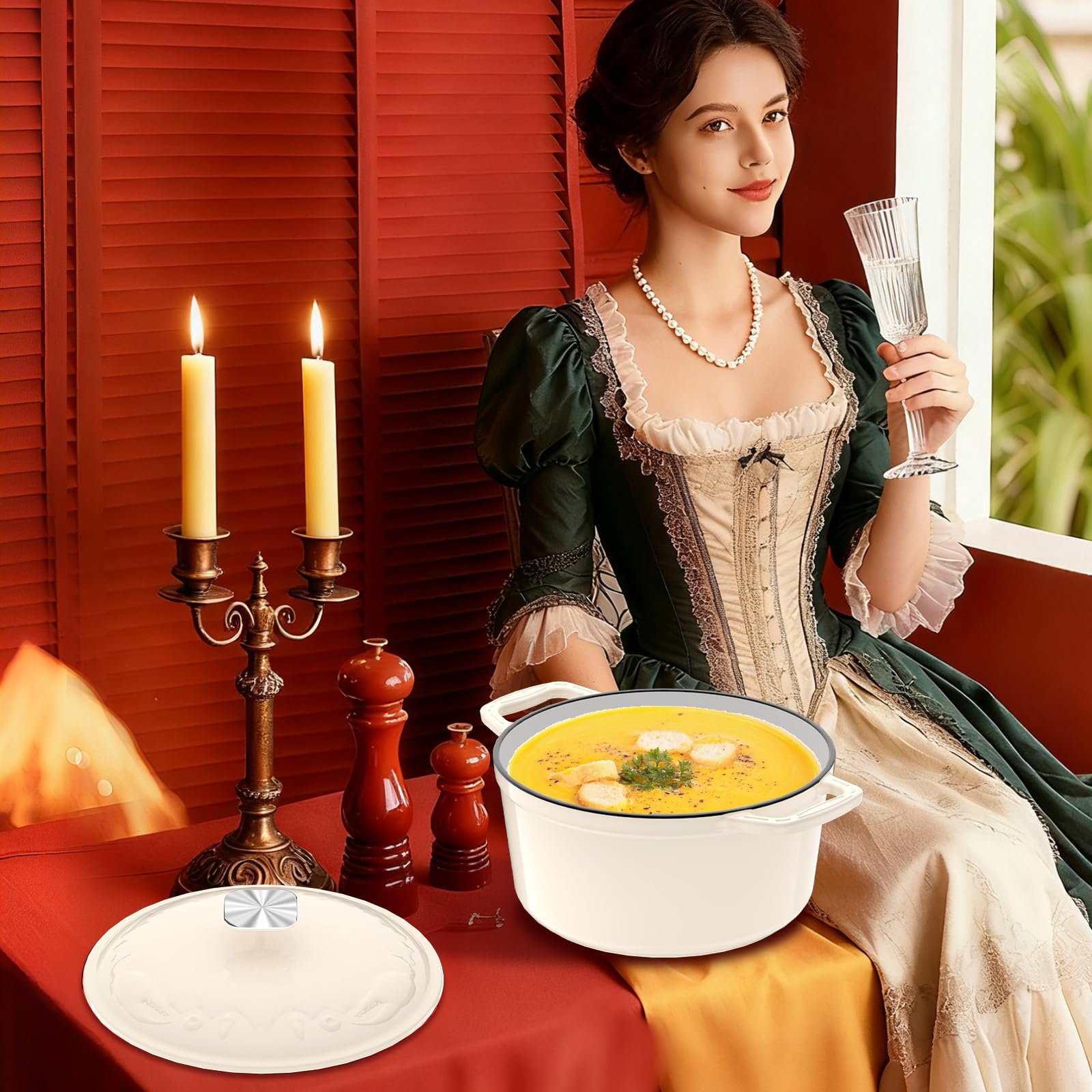 DUTZUN cream-white enamel finish adds table-ready appeal.