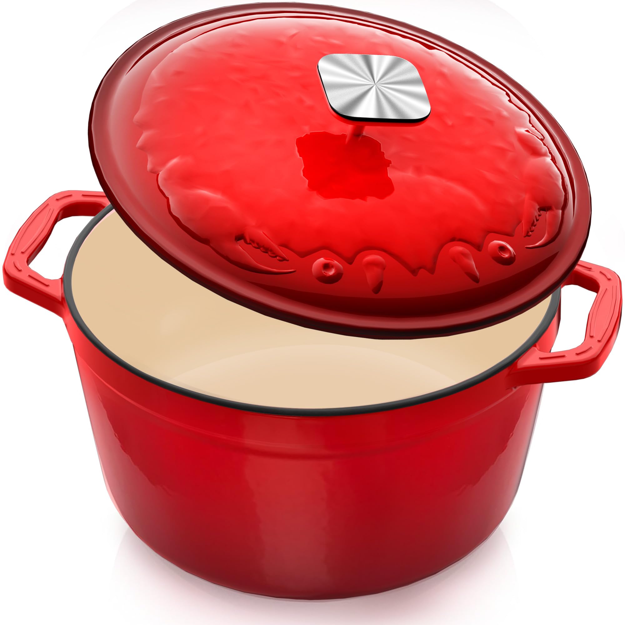 Dutzun enameled Dutch Oven in red with crab lid for even heat distribution.