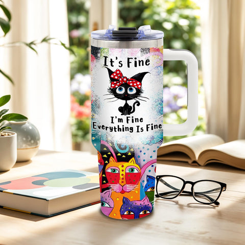 DUUV tumbler with black cat design and bow, stylish gift idea for cat lovers.