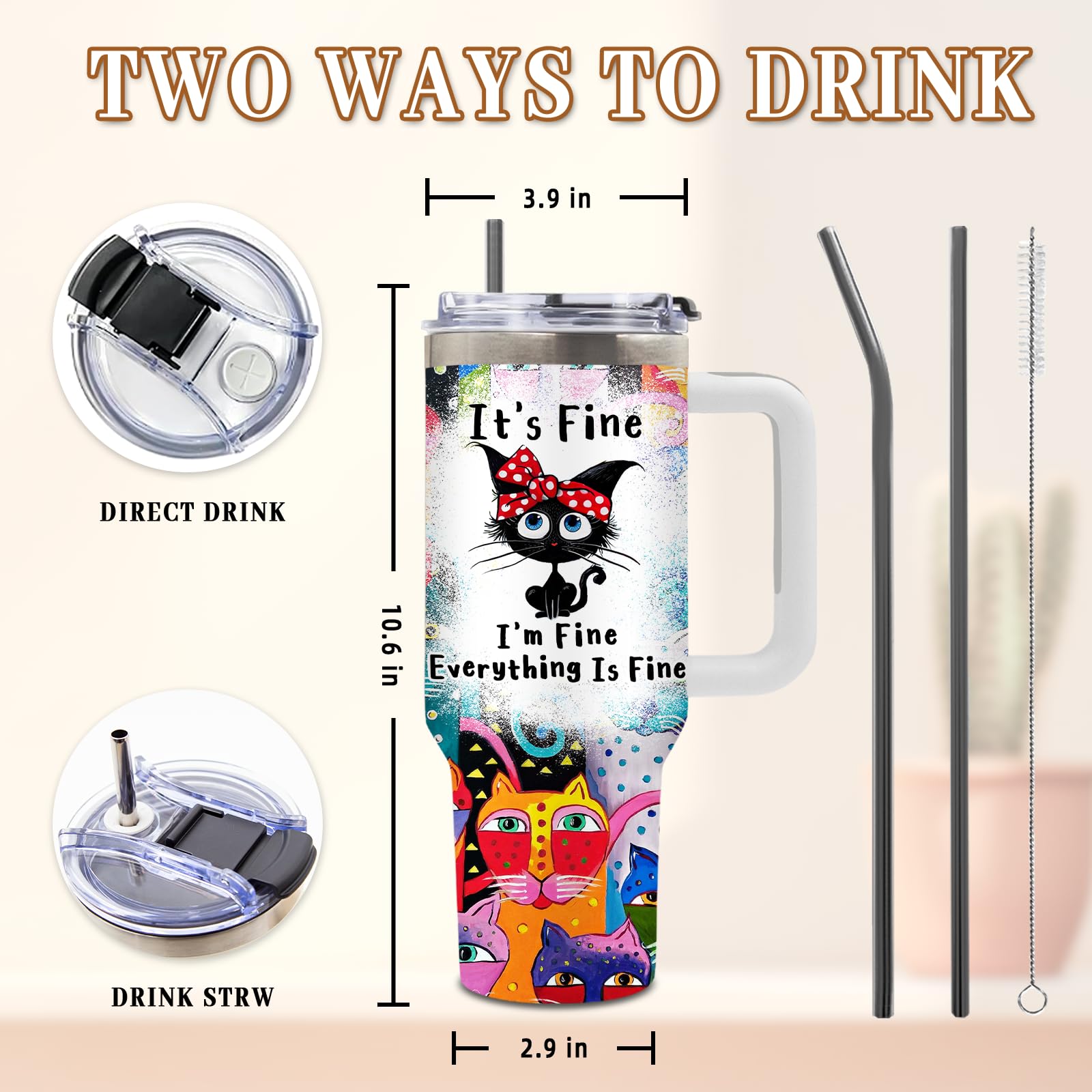 DUUV 40 oz tumbler with 'It's Fine I'm Fine Everything Is Fine' slogan detail.