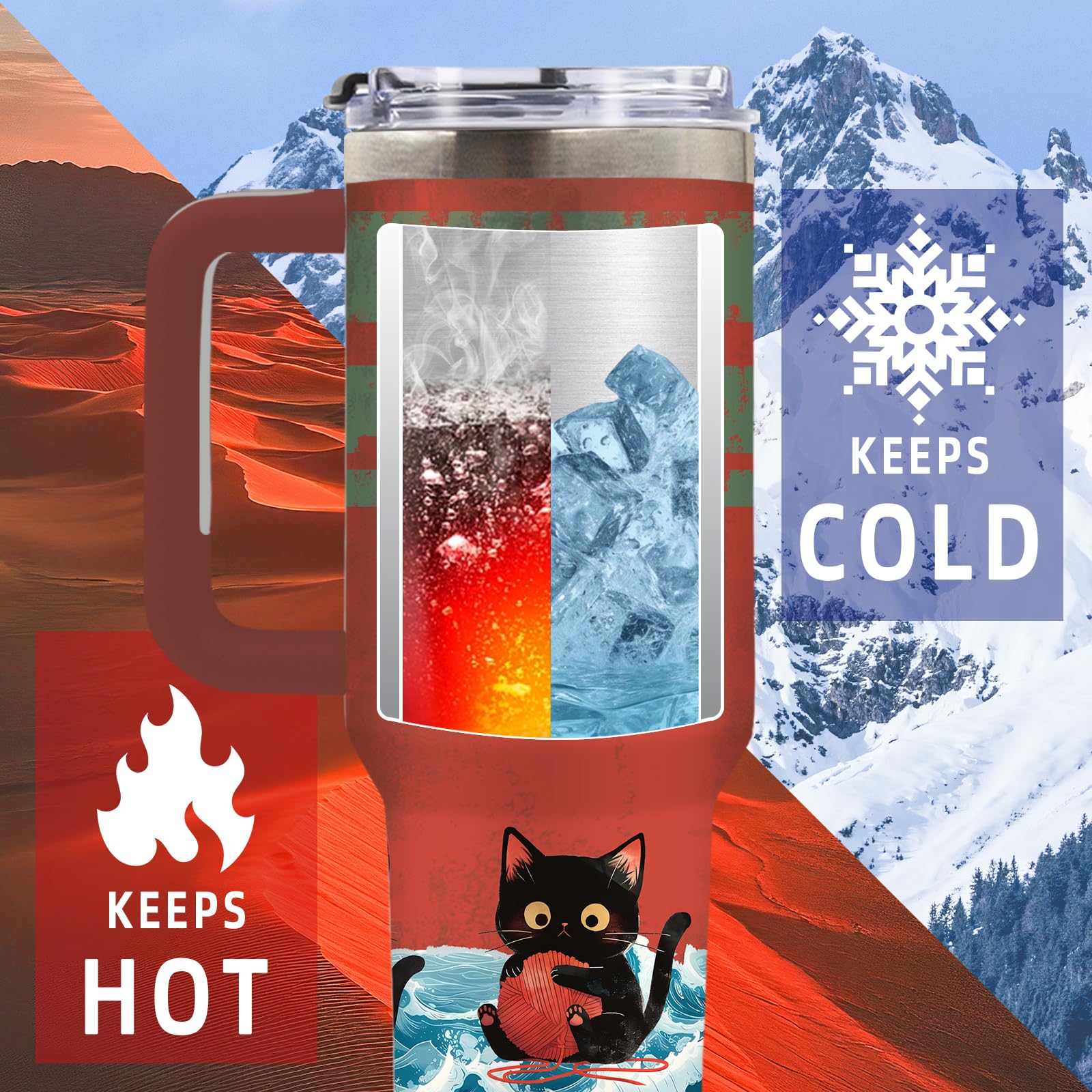 DUUV cat tumbler in bold red-green-blue colors for vibrant style