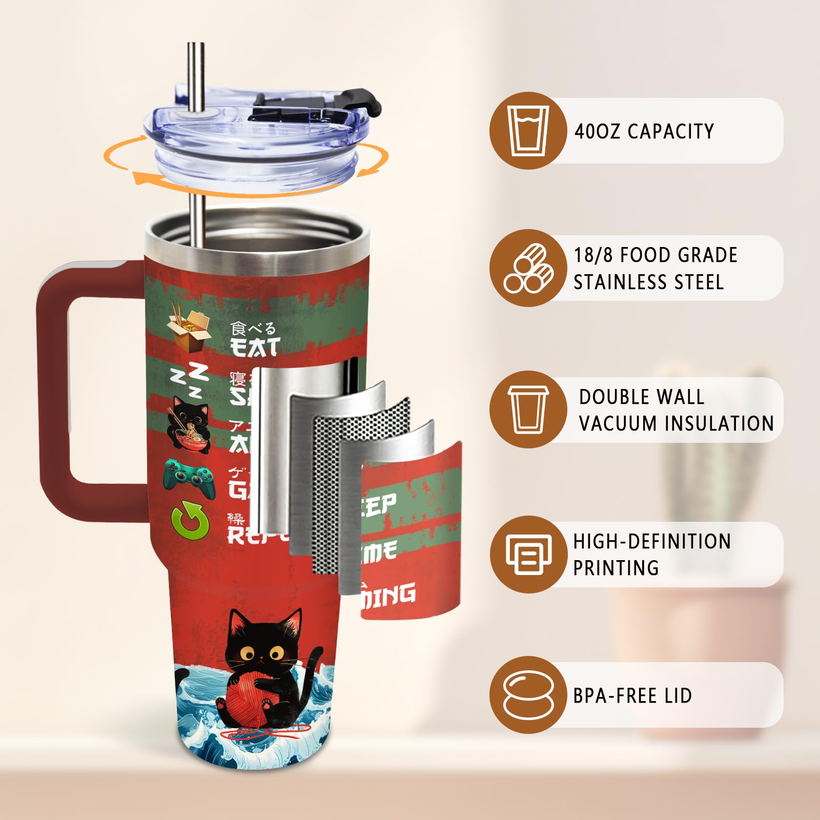 DUUV cat tumbler showing Japanese text eat-sleep-repeat for relatable routine