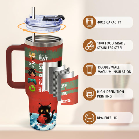 DUUV cat tumbler showing Japanese text eat-sleep-repeat for relatable routine