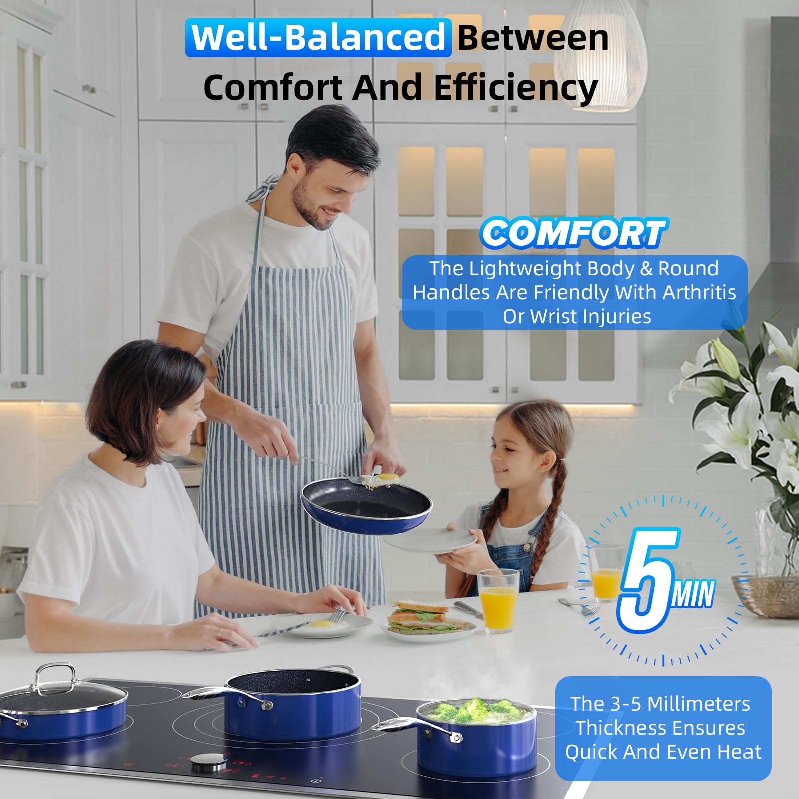 DUXANO Deluxe 10in frying pan highlights large surface for browning and even cooking.
