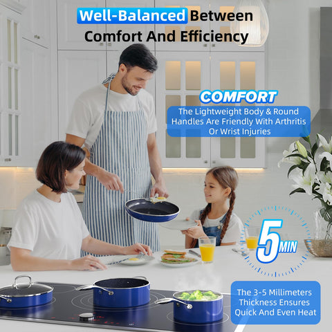 DUXANO Deluxe 10in frying pan highlights large surface for browning and even cooking.